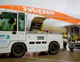 Baggage tractor and luggage cart in front of easyJet aeroplane.